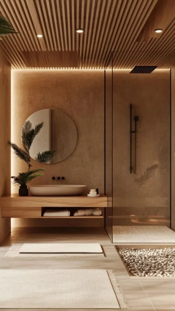 japandi contemporary fusion bathroom warm wood ceiling slat treatment