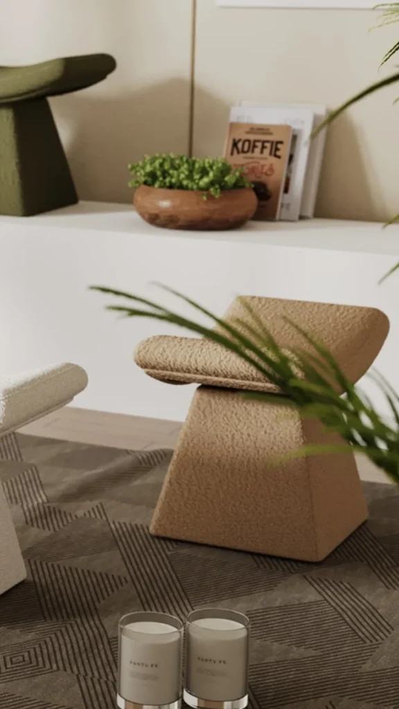 boucle ottoman sculptural wood legs elevated curved