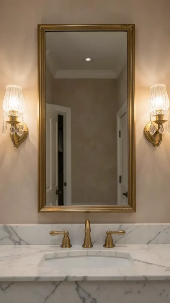 bathroom vanity ideas wall sconce pair flanking mirror warm 2026