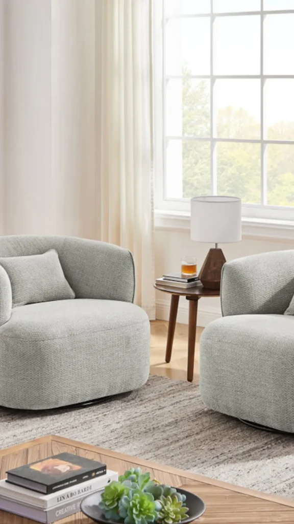 how to style curved sofa swivel accent chair angled pairing