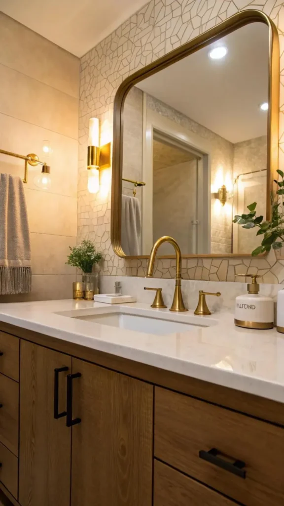 japandi contemporary fusion bathroom touchless faucet warm brushed brass