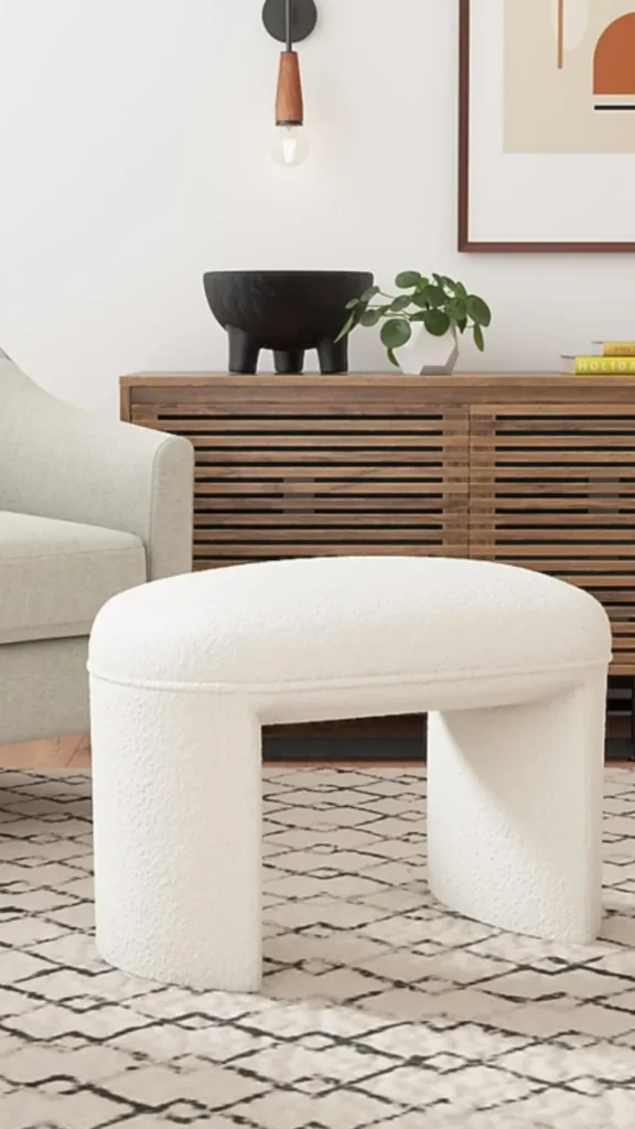 boucle ottoman kidney shaped organic warm living room