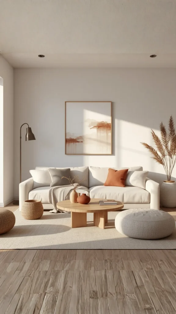 japandi living room ideas restrained neutral palette warm white oat grey terracotta accent 2026