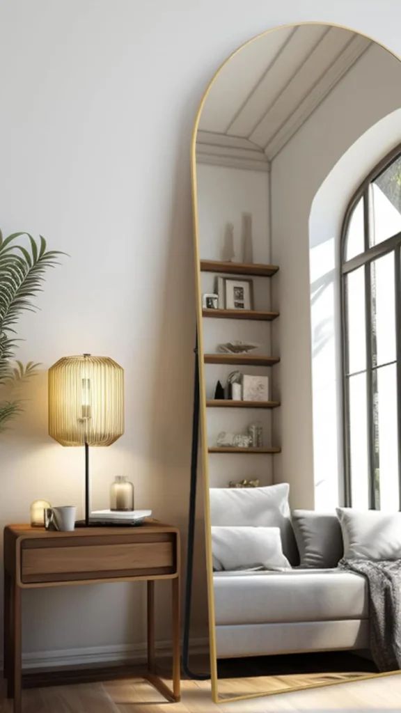 how to style curved sofa arched mirror above large reflective