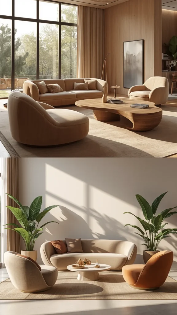 living room decor trends 2026 curved organic furniture sofa coffee table armchair rounded forms