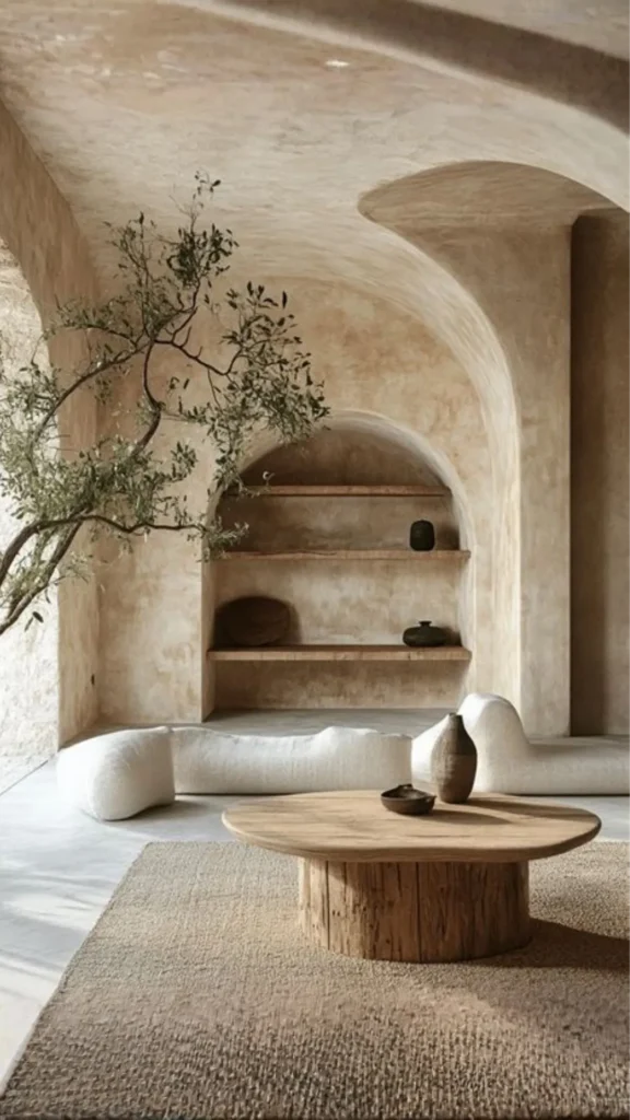 japandi living room ideas wabi-sabi objects imperfect ceramic worn wood natural variation beautiful 2026
