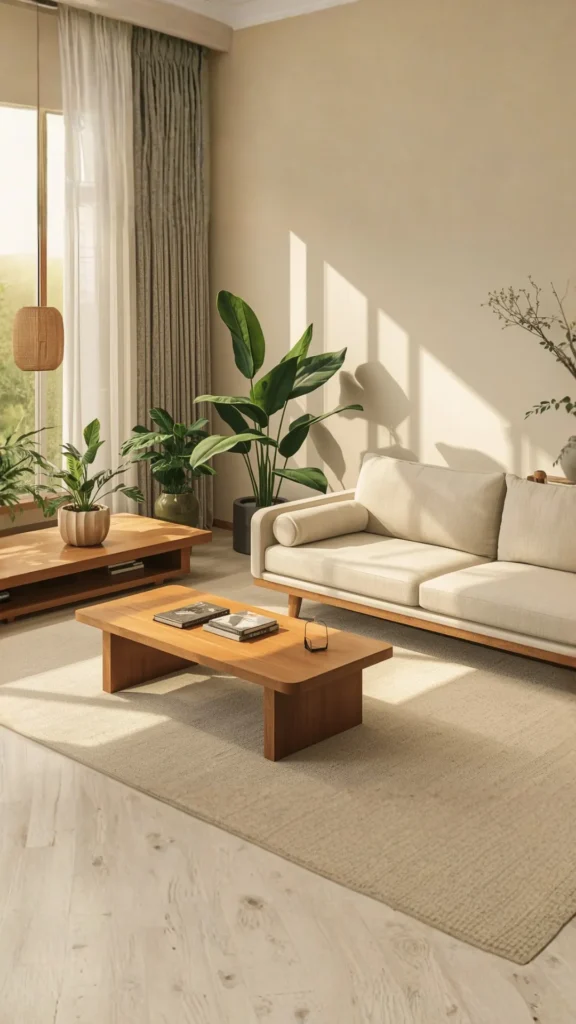 japandi style guide furniture low platform bed wood coffee table linen sofa clean lines