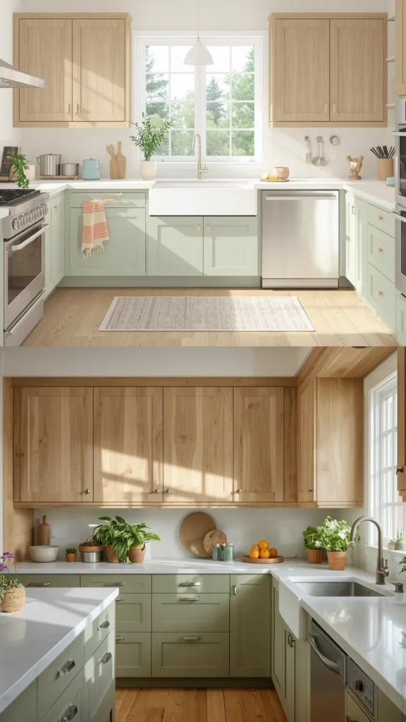 light oak kitchen cabinets two tone sage green lower upper cabinets warm natural