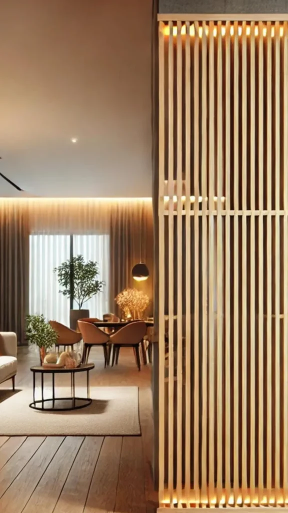 neutral living room ideas woven wood screen soft division 2026