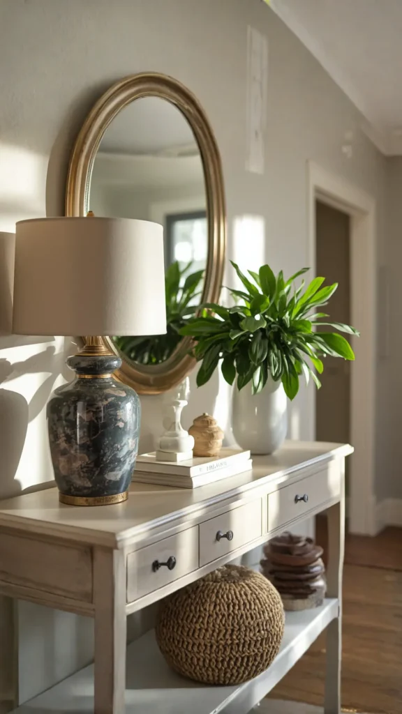 cozy entryway decor ideas console table vignette lamp plant objects warm beautifully styled
