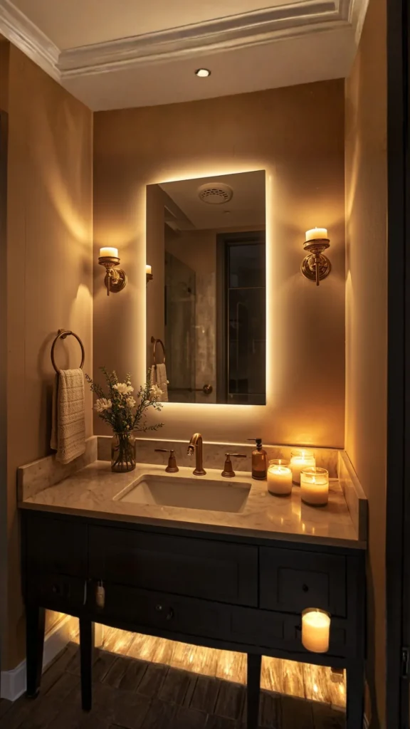 small bathroom ideas 2026 warm lighting wall sconces backlit mirror candles transformed