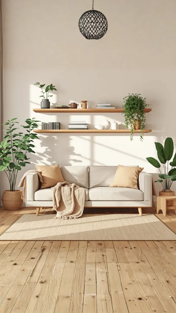 japandi style guide living room warm wood shelving linen sofa plants soft lighting