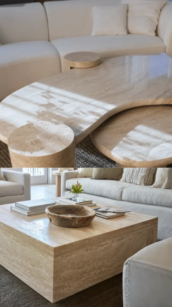 living room decor trends 2026 stone travertine coffee table statement surfaces warm organic