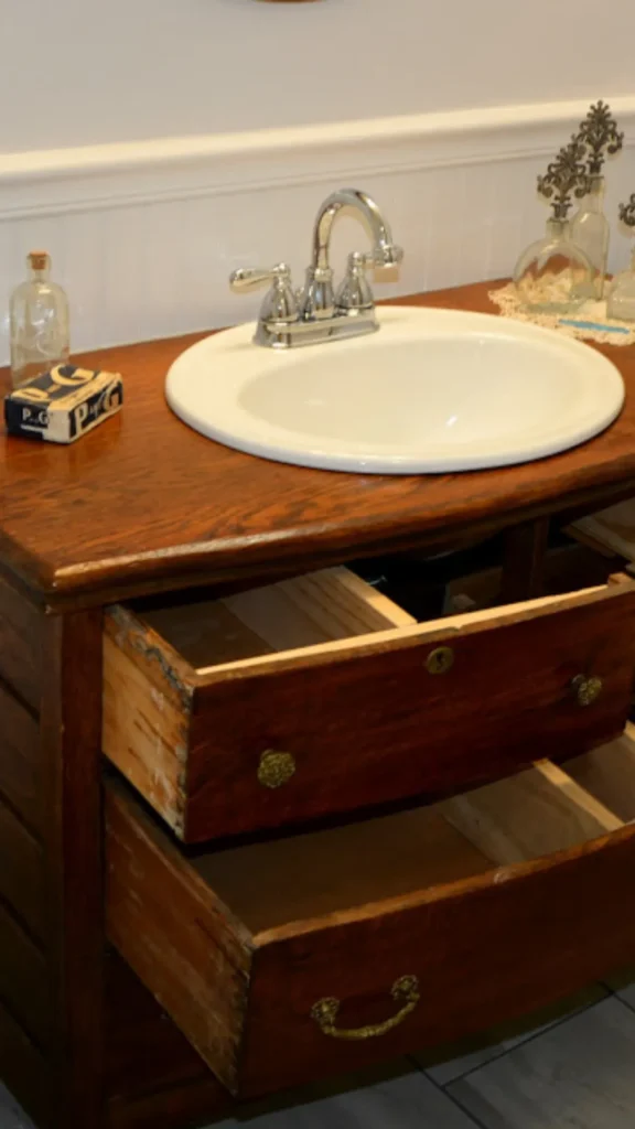 bathroom vanity ideas vintage dresser repurposed integrated basin 2026