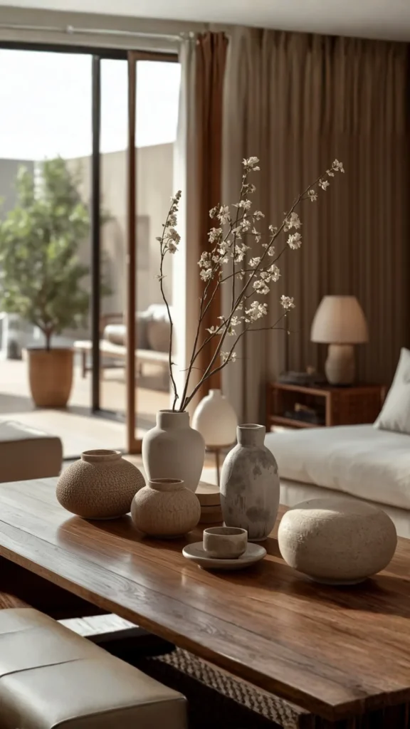 japandi living room ideas handmade ceramic vases natural vessels styled beautiful 2026