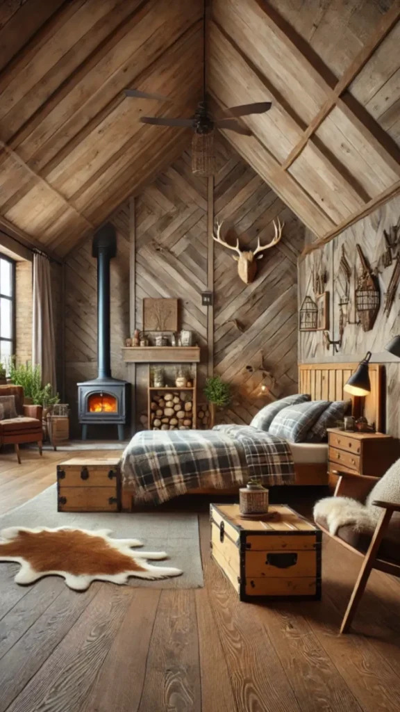 cozy cabin bedroom ideas antler wood branch wall art sculptural
