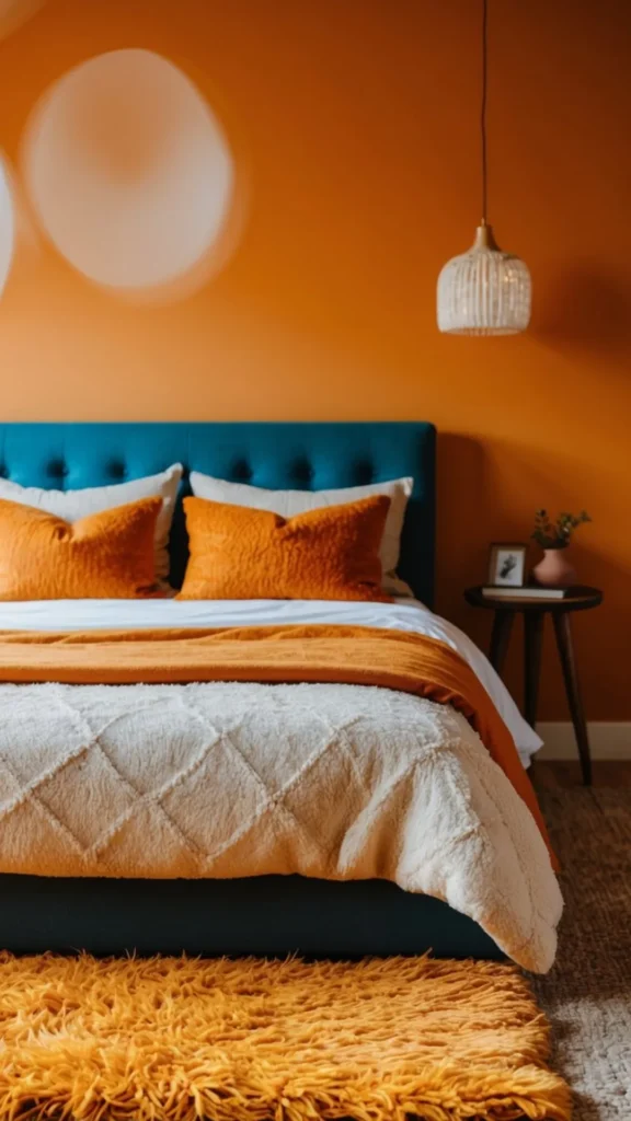 funky retro bedroom ideas shag high pile rug mustard burnt orange underfoot