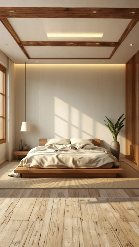 japandi style guide bedroom low platform bed warm linen bedding single plant calm