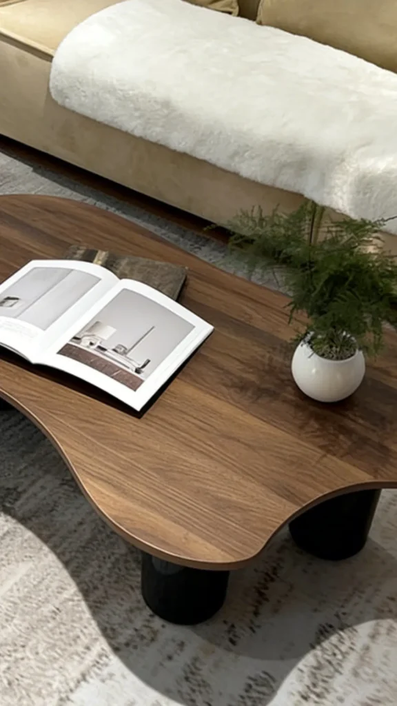 organic coffee table concrete rounded form warm living room