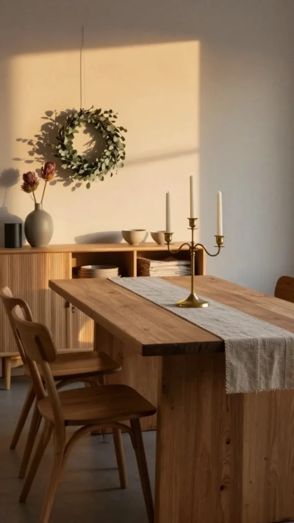 japandi dining room ideas low sideboard warm wood serving storage