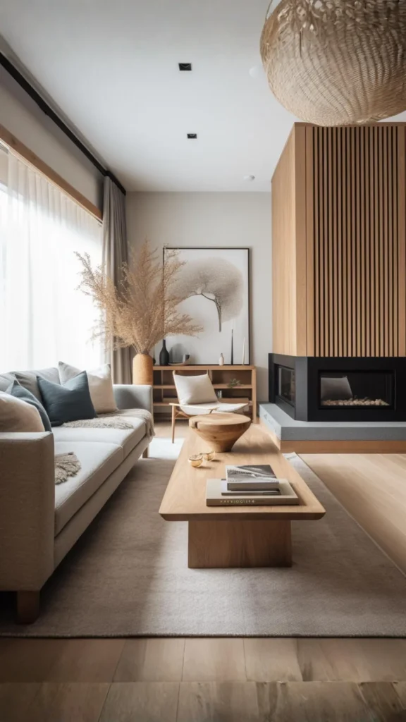 japandi living room ideas layered natural textures linen wool throw rattan tray 2026