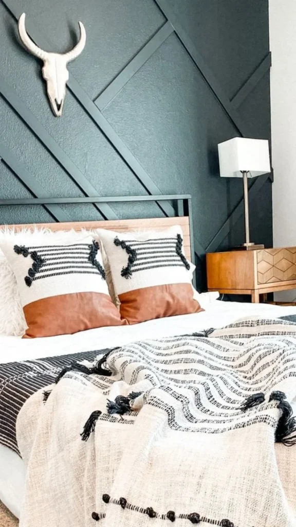 cozy cabin bedroom ideas herringbone chevron wood accent wall