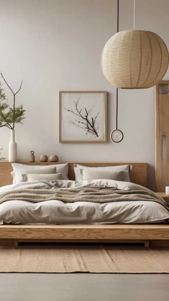 japandi bedroom ideas low wood bookshelf sparing corner 2026