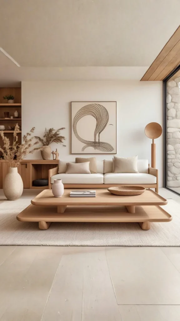 japandi living room ideas empty surfaces coffee table shelves deliberately spare calm 2026