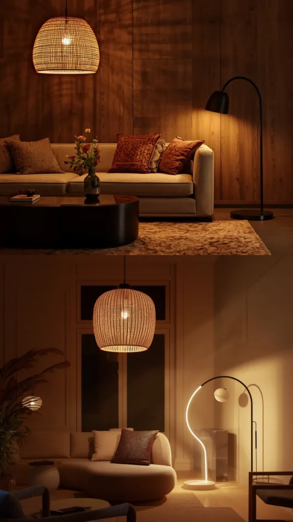 living room decor trends 2026 warm sculptural lighting rattan pendant arched floor lamp ambient glow
