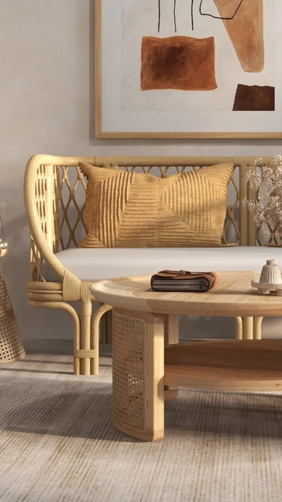 organic coffee table woven rattan base stone wood top