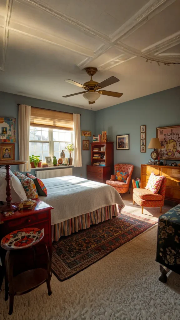 funky retro bedroom ideas vintage thrifted furniture mismatched cohesive warm personal character
