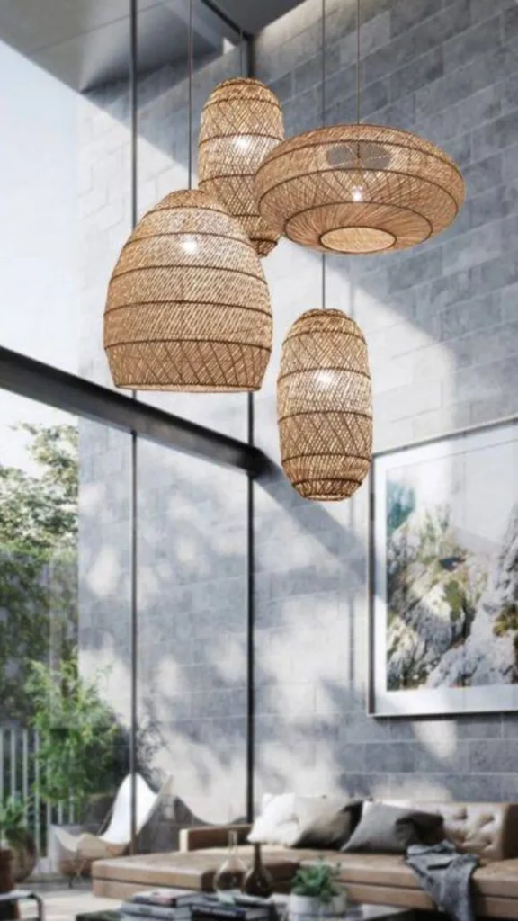 cozy cabin bedroom ideas woven rattan pendant shade dappled shadows