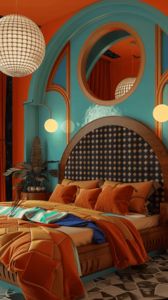 funky retro bedroom ideas warm metallics brass copper mixed lighting hardware