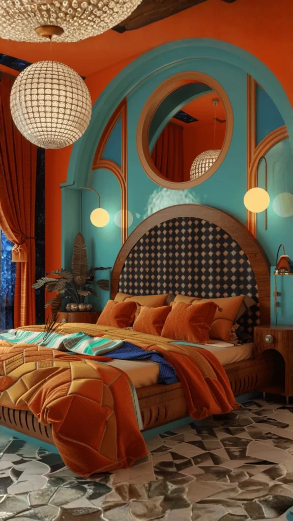 funky retro bedroom ideas pattern mixing geometric floral stripe warm tones done right