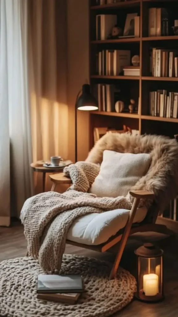 cozy cabin bedroom ideas reading chair window sheepskin throw