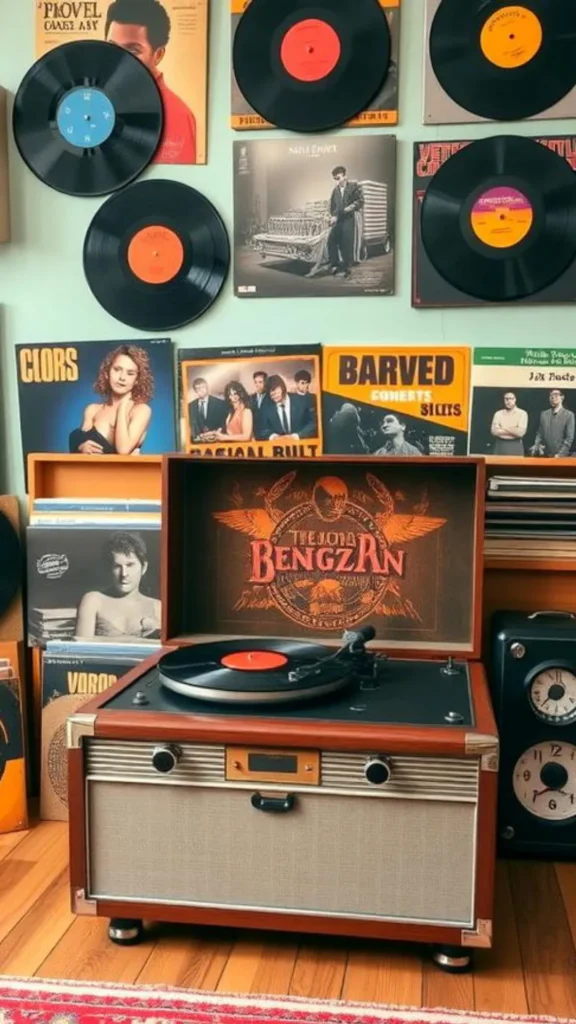 funky retro bedroom ideas record player vinyl display corner low shelf