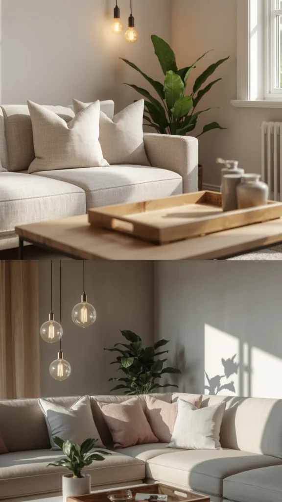 living room decor trends 2026 how to update simple warm bulbs linen cushions plant wooden tray