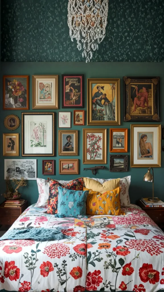 funky retro bedroom ideas eclectic gallery wall retro art prints vintage frames organic objects