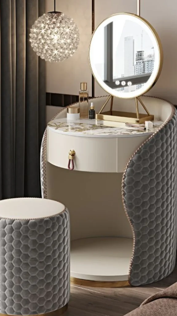 funky retro bedroom ideas curved kidney vanity dressing table round mirror