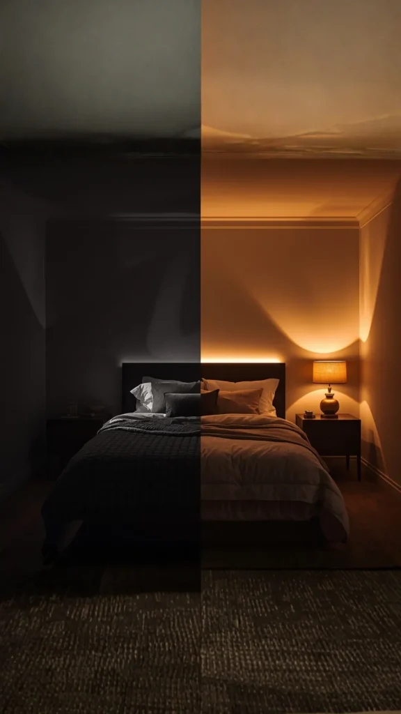 bedroom lighting ideas comparison harsh overhead versus warm layered atmospheric difference