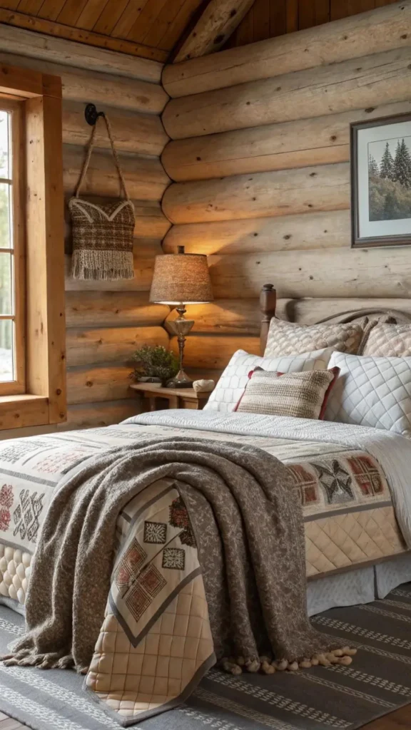 cozy cabin bedroom ideas vintage rug wood flooring layered warm