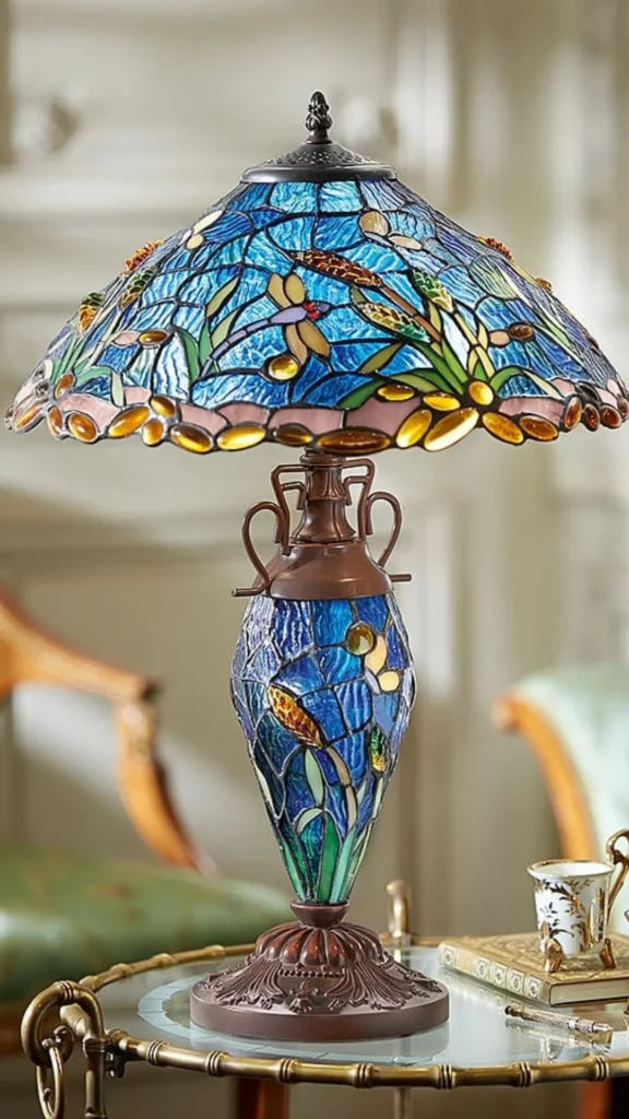 funky retro bedroom ideas stained glass panel lamp accent warm