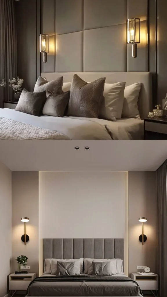 bedroom lighting ideas wall sconces either side of bed symmetrical warm atmospheric