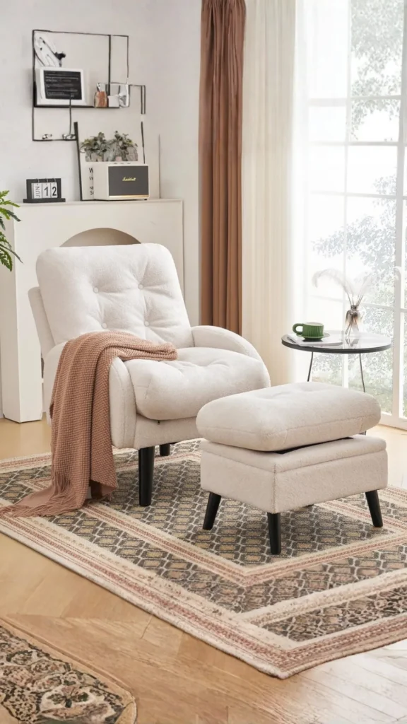boucle ottoman matching armchair set warm reading corner beautiful 2026