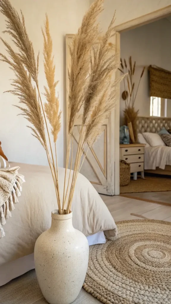cozy cabin bedroom ideas dried pampas grass tall vessel corner