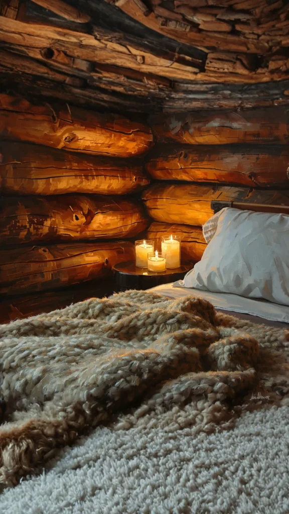 cozy cabin bedroom ideas details wood texture wool throw candlelight warm atmosphere