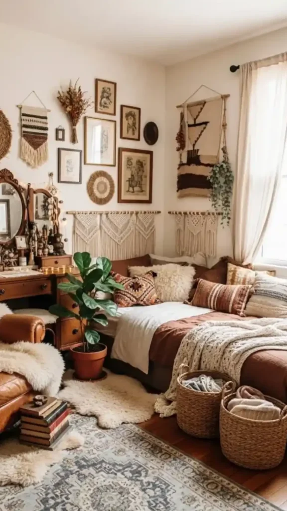 funky retro bedroom ideas budget friendly thrifted pieces warm paint