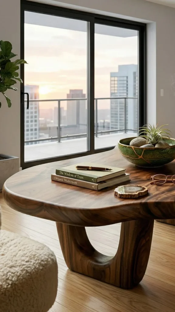 organic coffee table inlaid brass detail curved edge wood