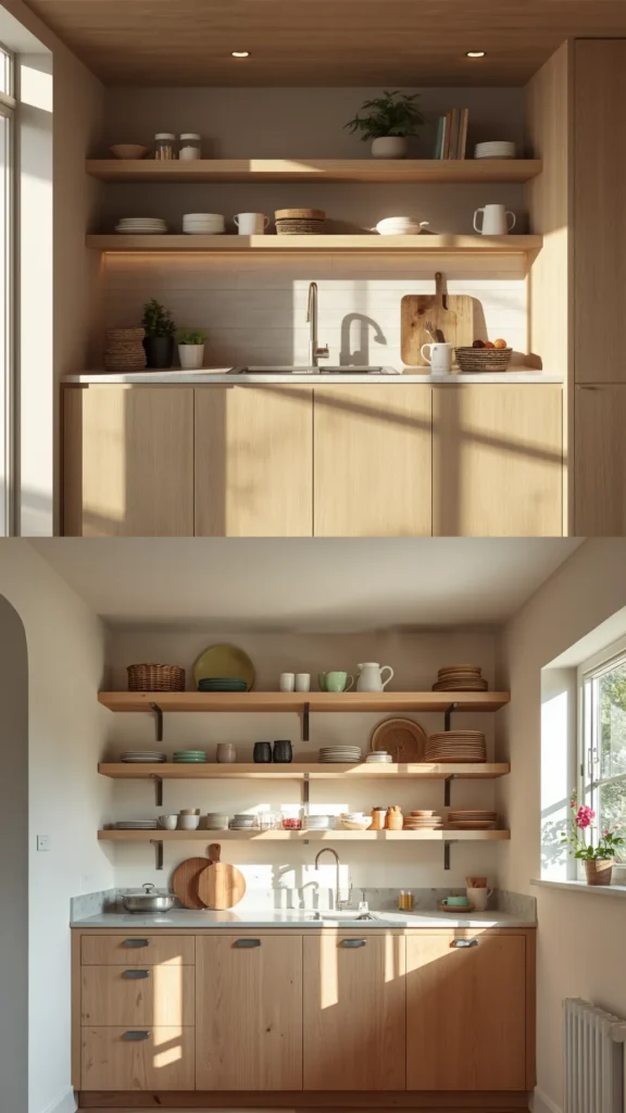 light oak kitchen cabinets open shelving above closed below mixed layered warm kitchen