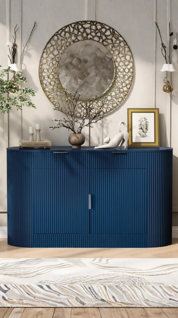 curved sideboard arched oval mirror above pairing